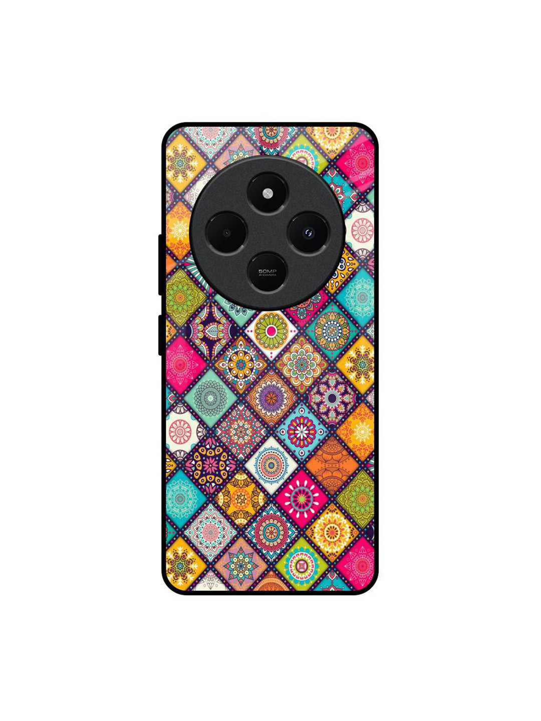 QRIOH Mandala Printed Glass Redmi 14C 5G Mobile Back Case Cover