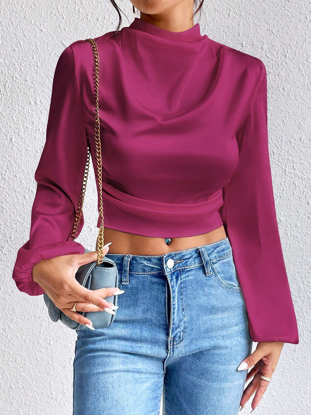 Stylecast X Slyck Women High Neck Bishop Sleeves Fitted Crop Top