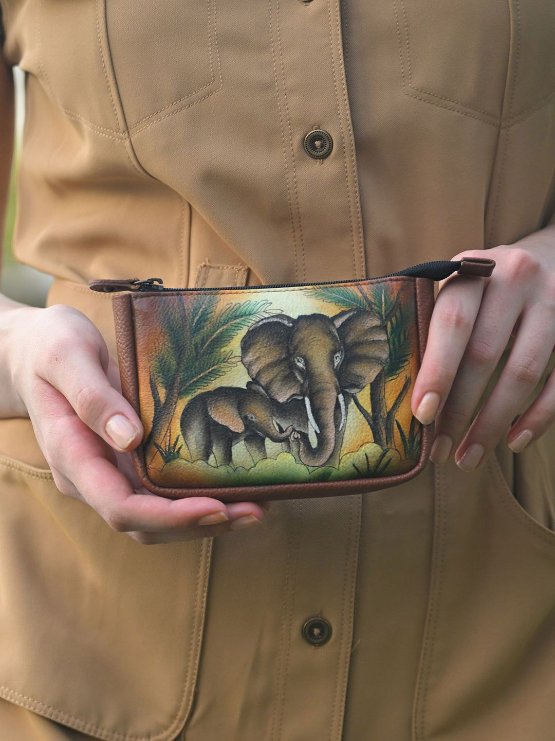 Anuschka Women Elephant Family Tan Hand Painted Leather Coin Wallet