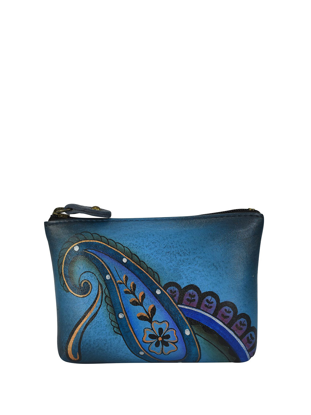 Anuschka Women Denim Paisley Floral Hand Painted Leather Small Coin Wallet