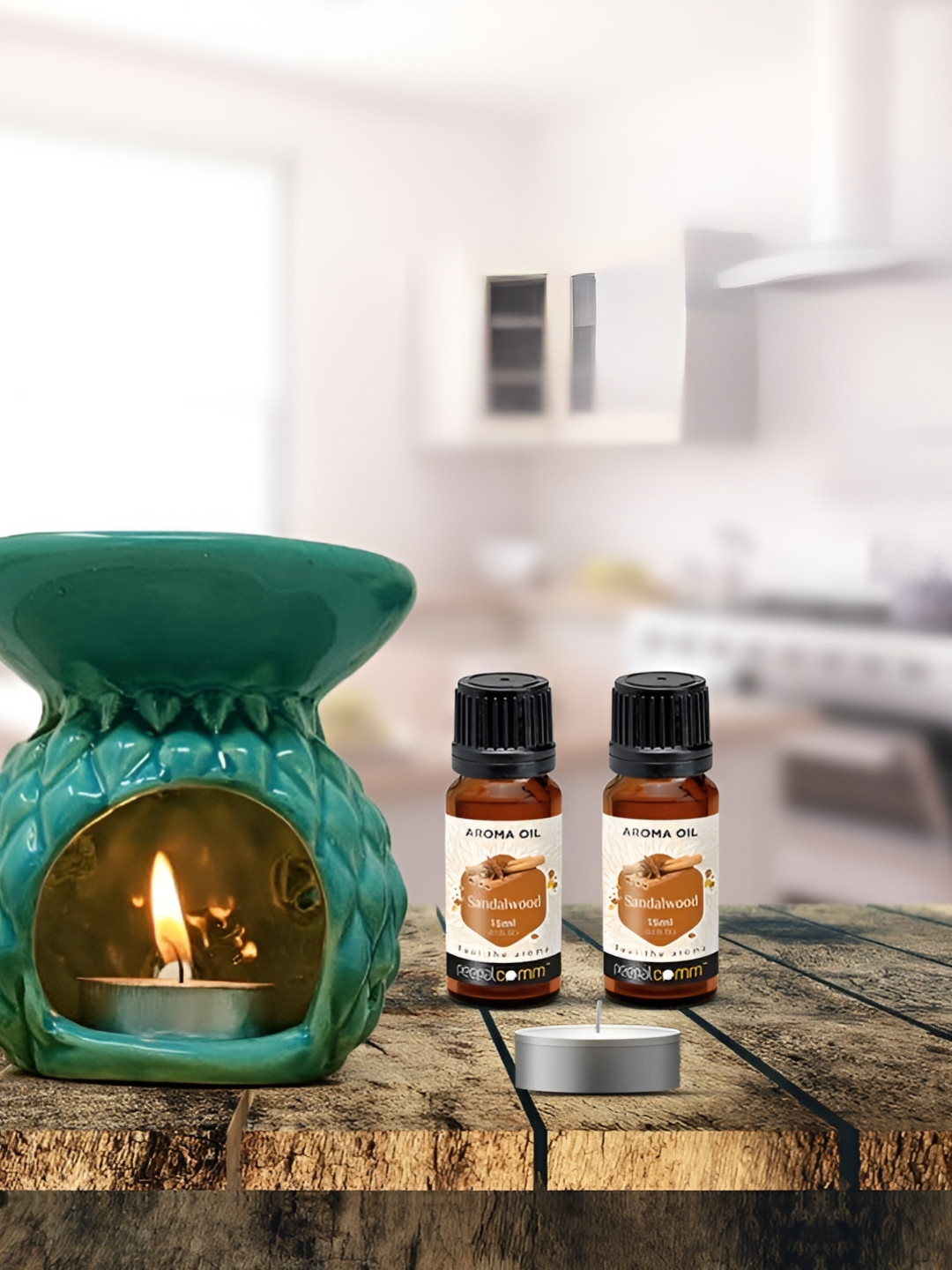 PEEPALCOMM 5Pcs Green Textured T- Light Candles Diffuser With Sandalwood Oils - 15 ml Each