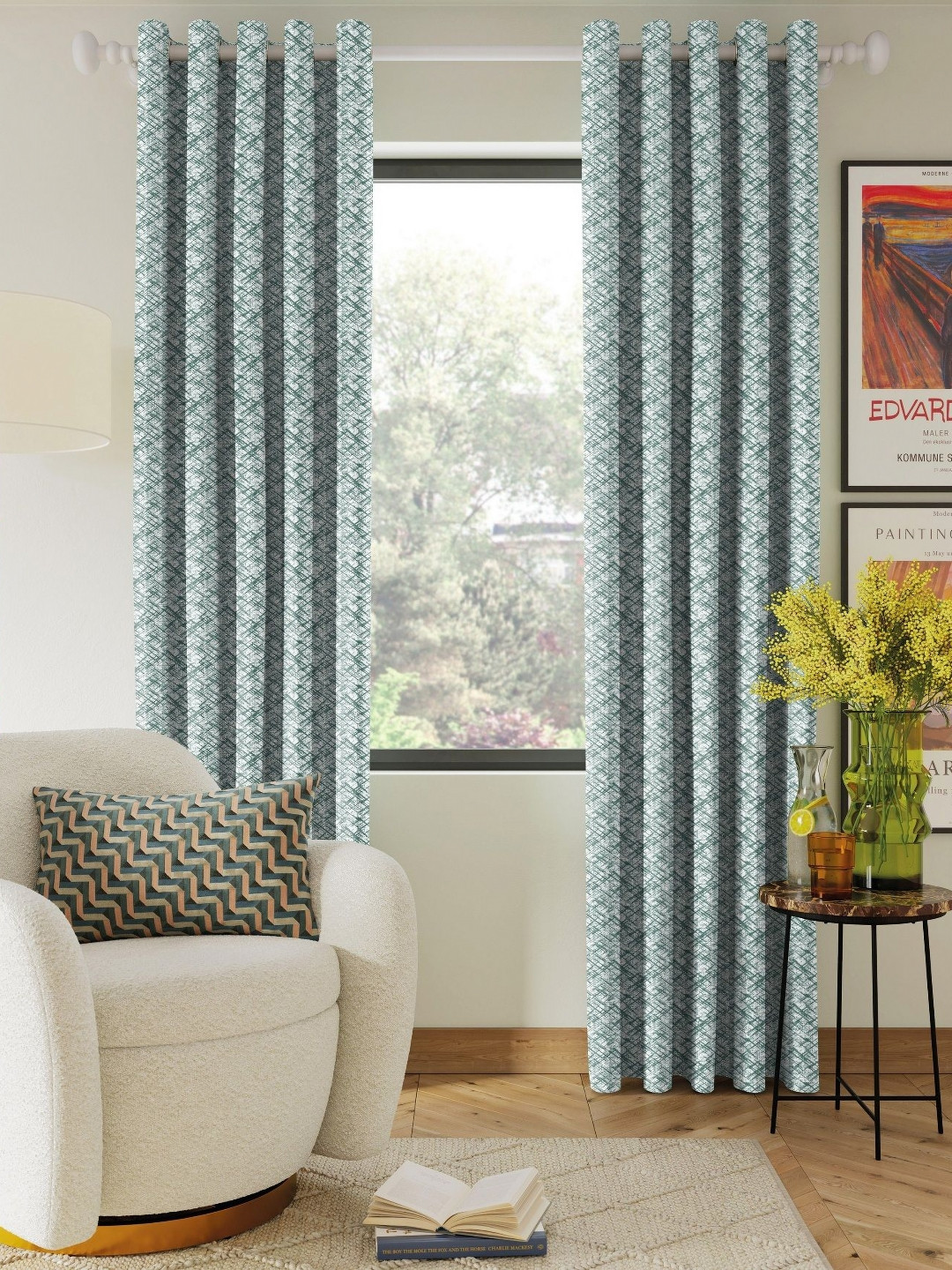 Nefertiti Home Sea Green & White 2 Pieces Abstract Printed Black Out Door Curtains