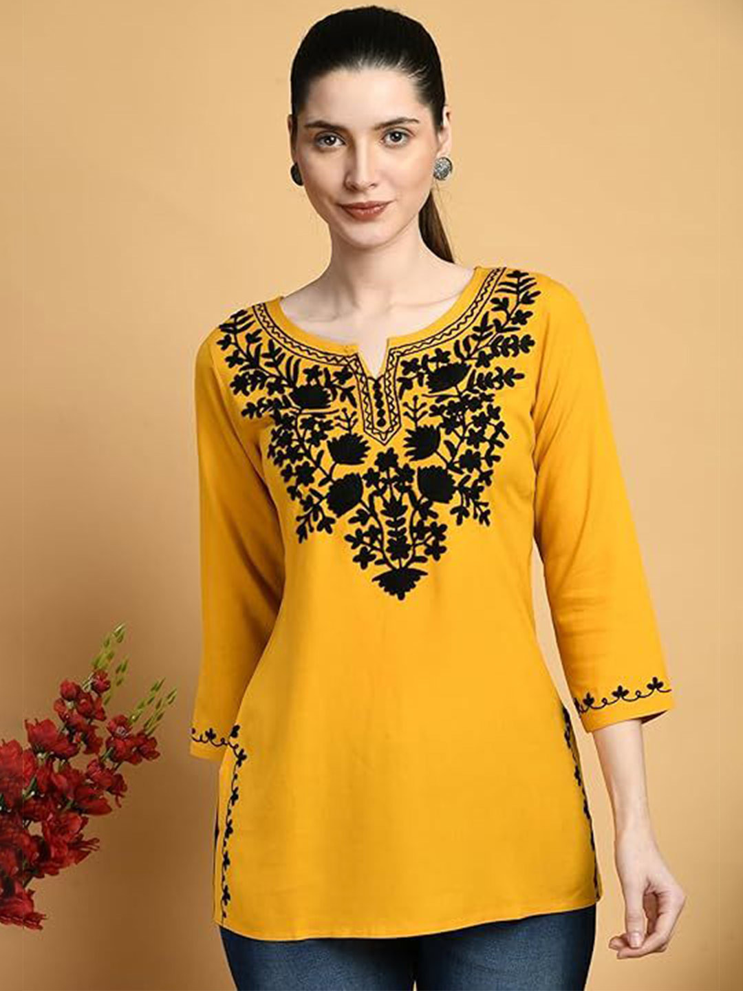 BLUE KART Women Embroidered Chikankari Straight Short Kurti