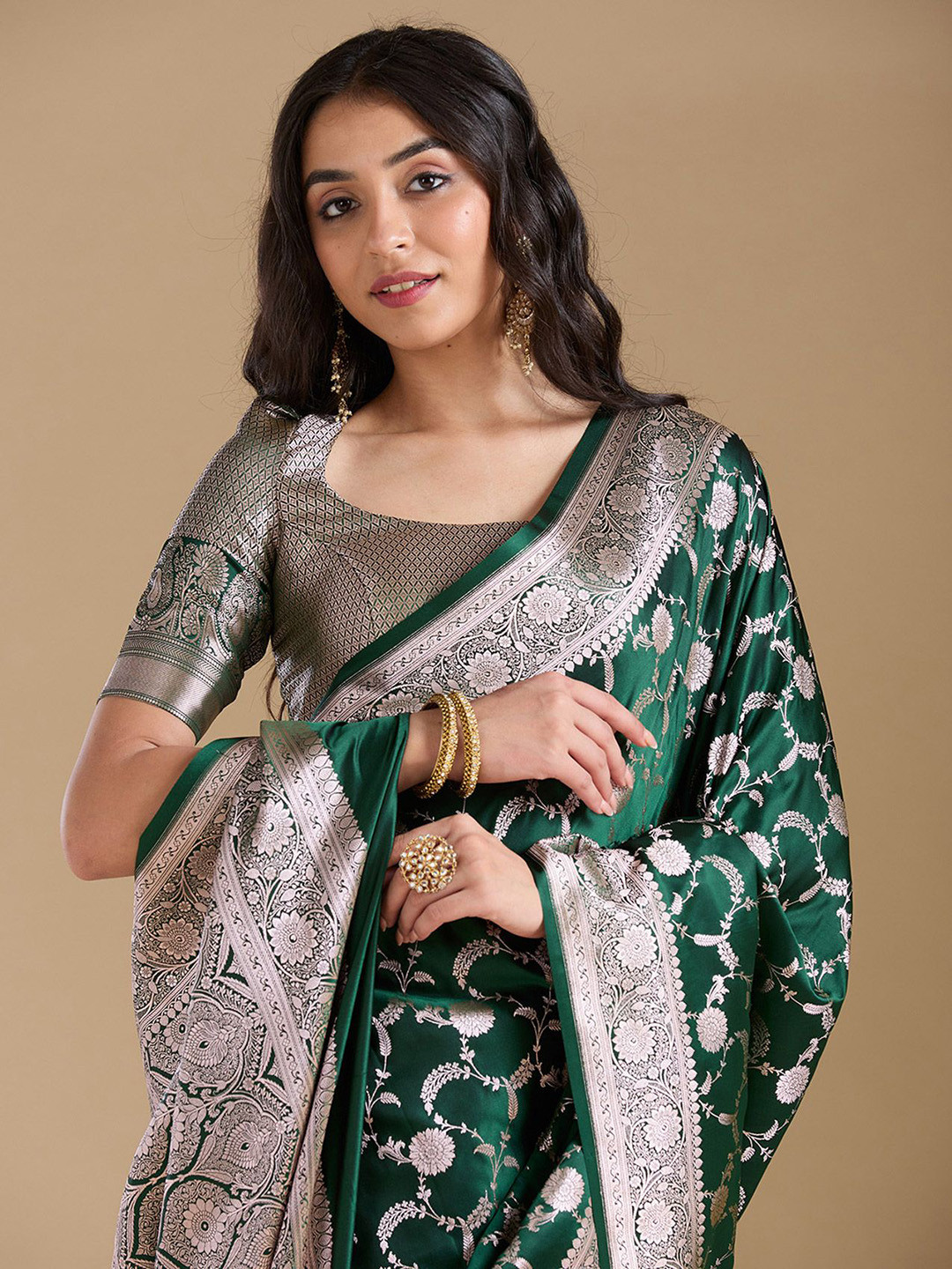 Koskii Women Zariwork Bottle Green Silk Saree With Unstitched Blouse
