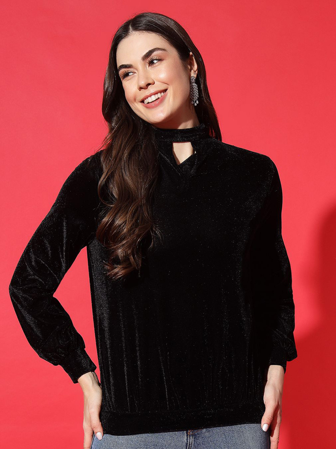 VAARARO Black Velvet High Neck Blouson Top