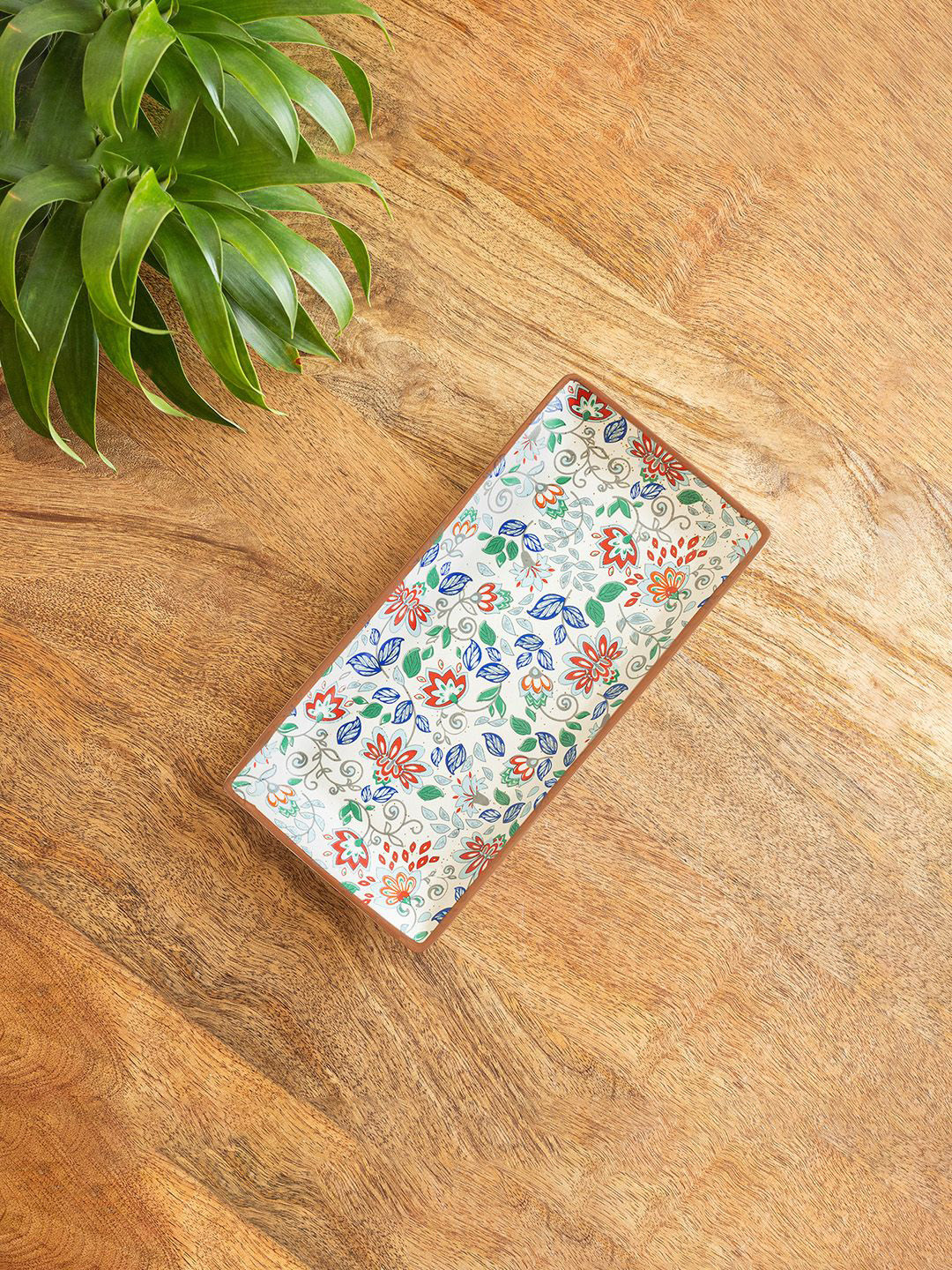 ExclusiveLane Spring Garden White & Green Printed Ceramic Microwave Safe Serving Platter