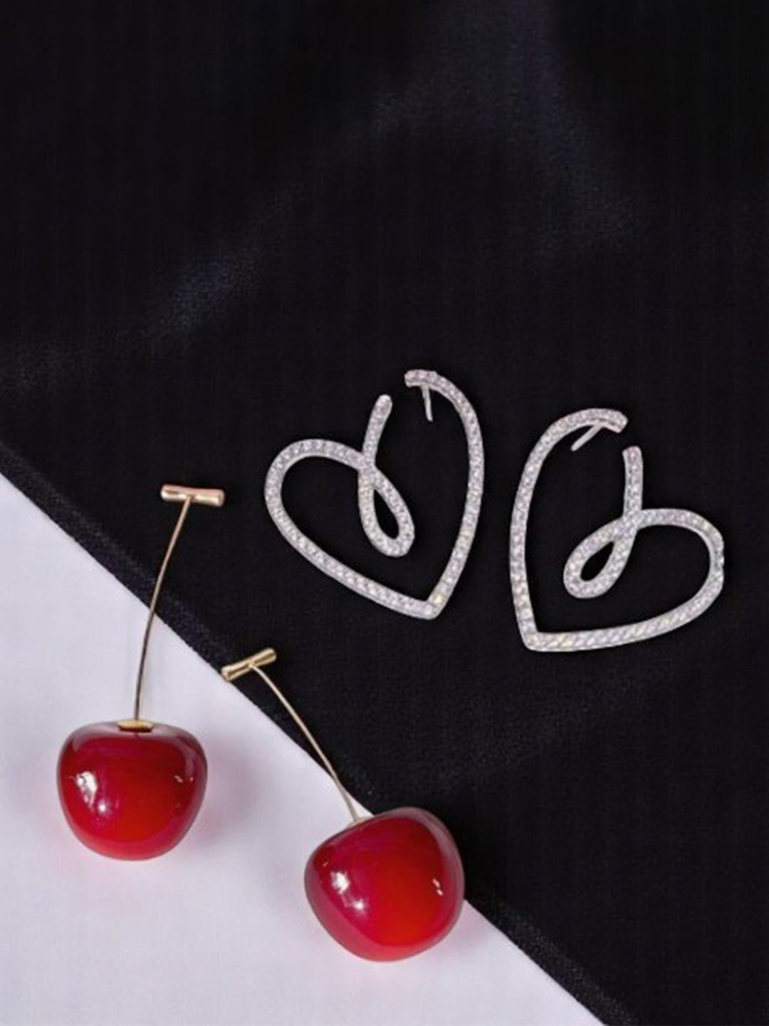 FIMBUL Set Of 2 Silver Plated American Diamond Studded Heart Shaped Antique Drop Earrings