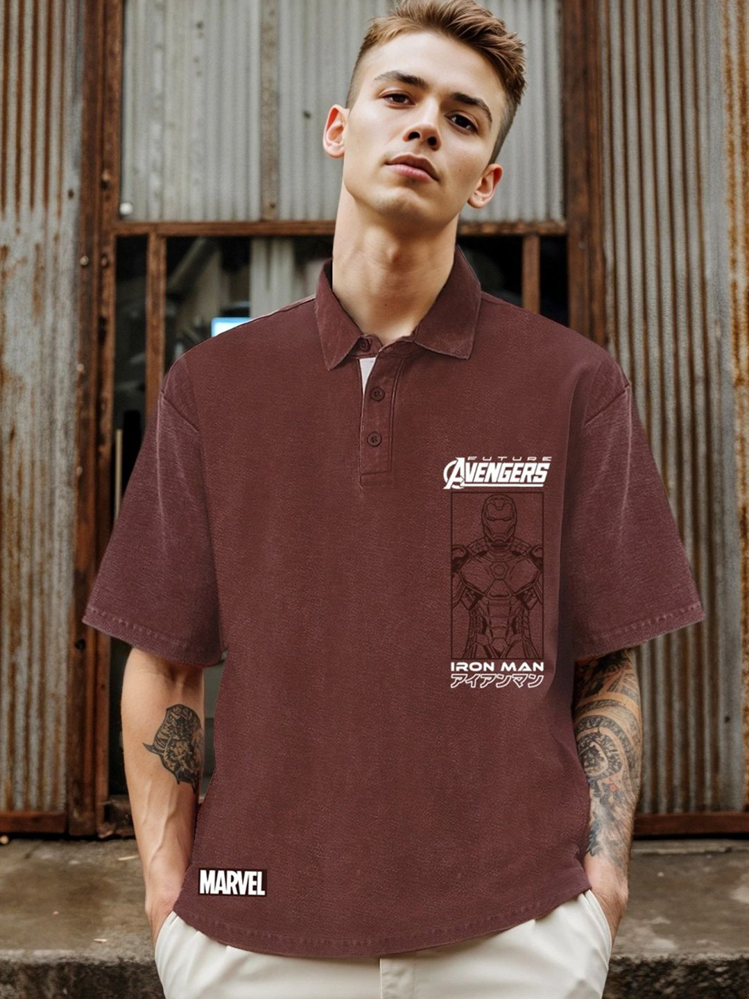 Bewakoof Heavy Duty Avengers Graphic Printed Polo Collar Pure Cotton Oversized T-shirt