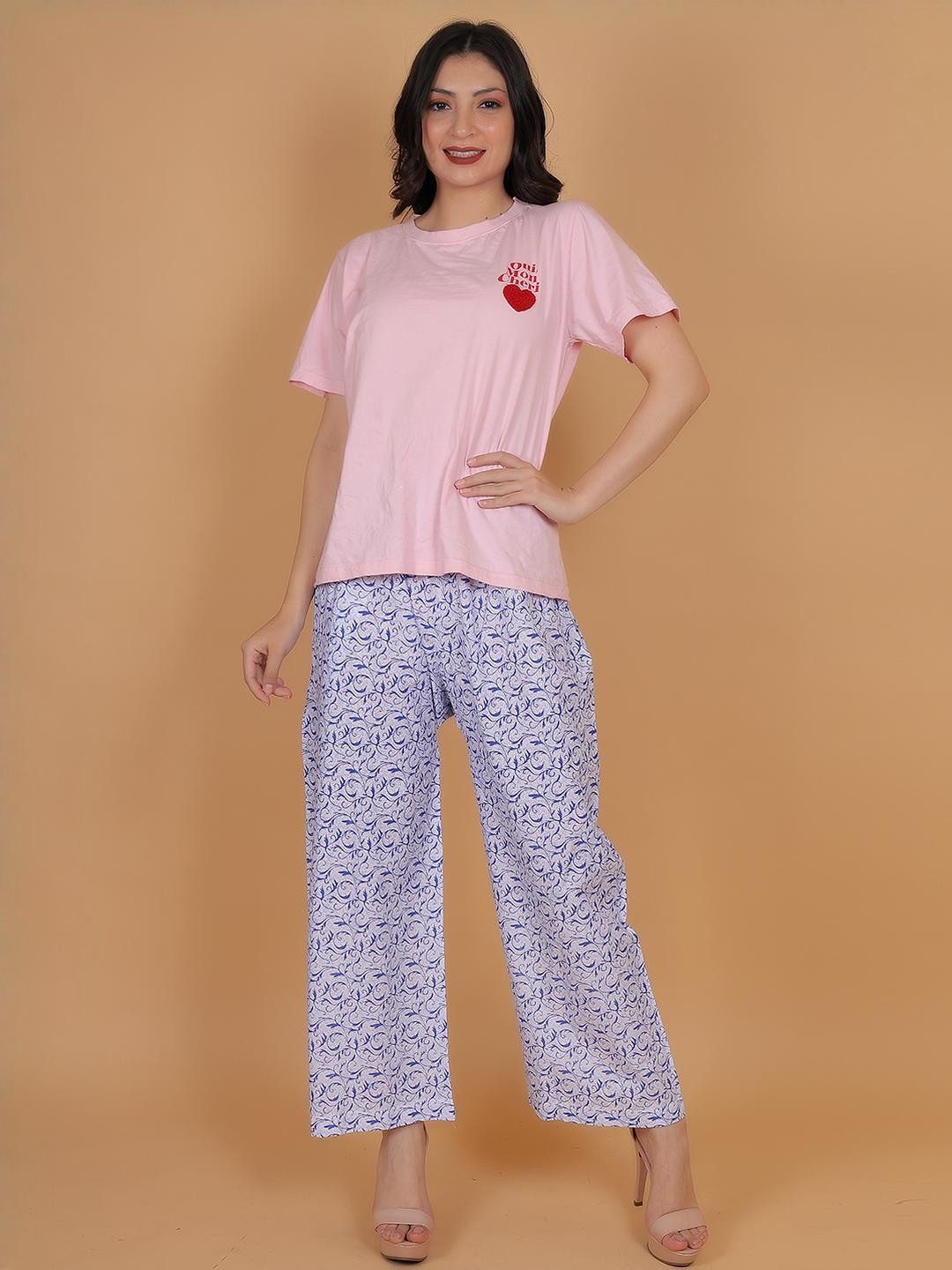 Mytrendzs Women White & Blue Floral Printed Cotton Palazzo with One Side Pocket