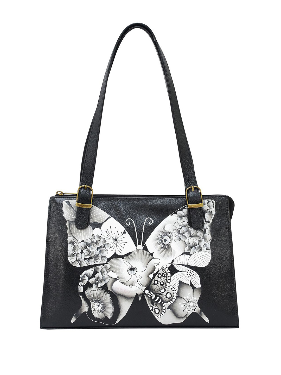 Anuschka Women Butterfly Mosaic Black Hand Painted Leather Large Satchel