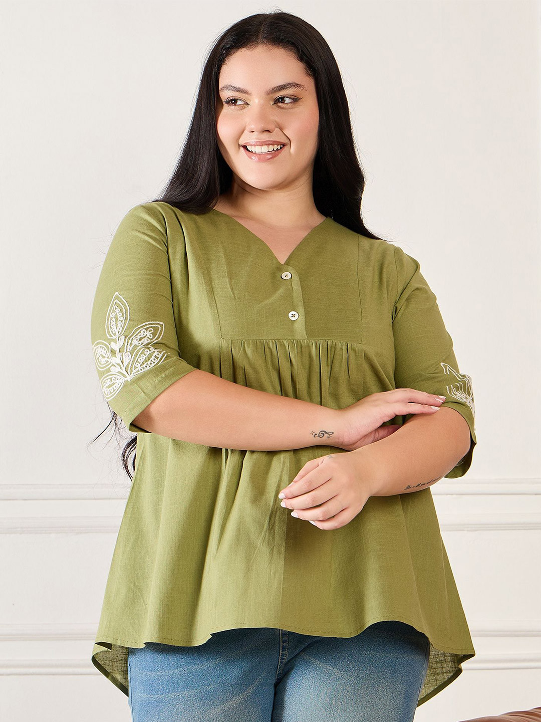 Orchid Blues Women Plus Size V-Neck Pure Cotton High-Low Top With Embroidered Details