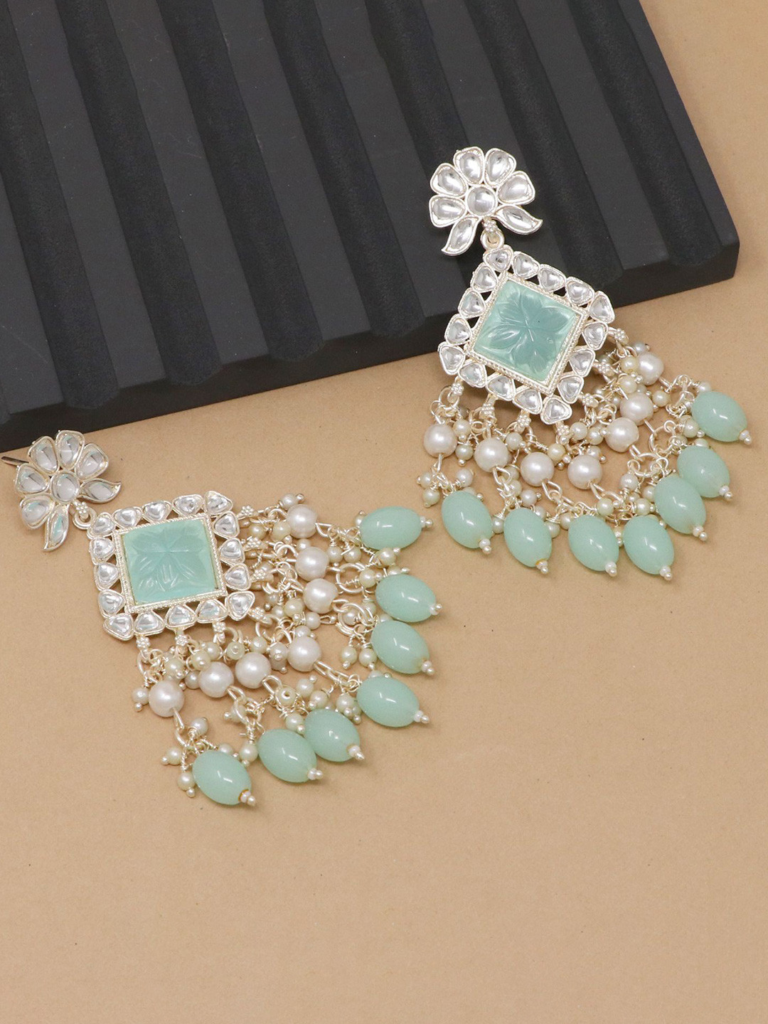 BELWICK Silver-Plated Kundan Studded And Pearls Beaded Diamond Shaped Drop Earrings