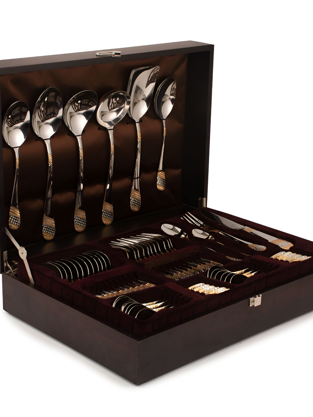 FNS Stainless Steel Gold Plated 90 Pieces Cutlery Set With Wooden Box