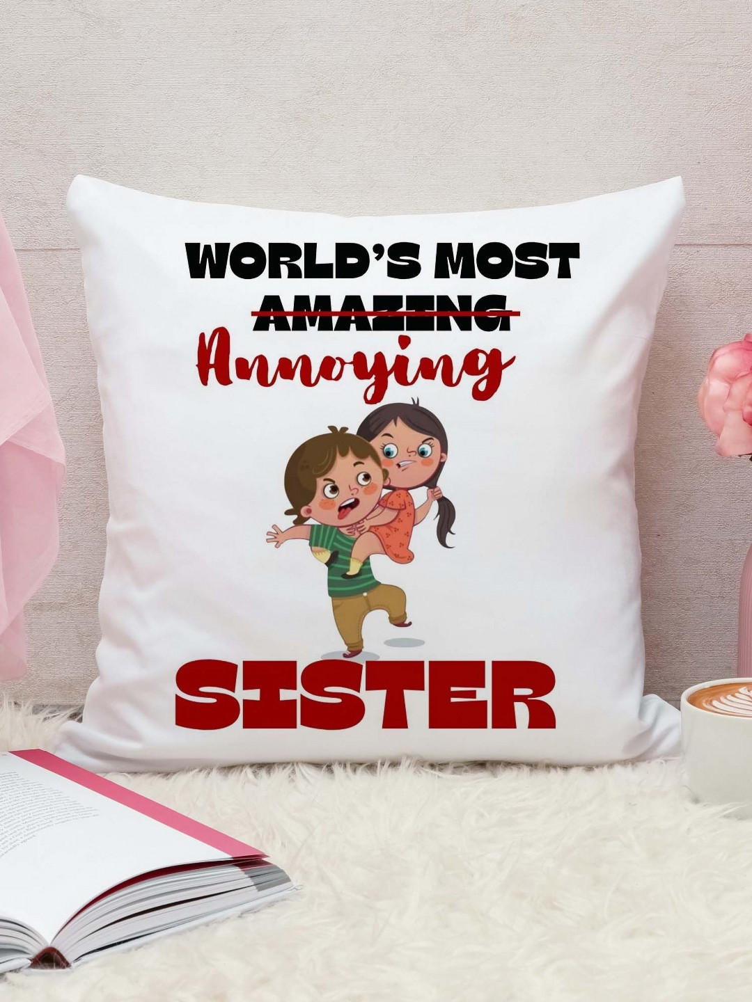 THE QUIRKY HOME White & Red Printed Square-Shaped Rakshabandhan Gift Pre-Filled Cushion