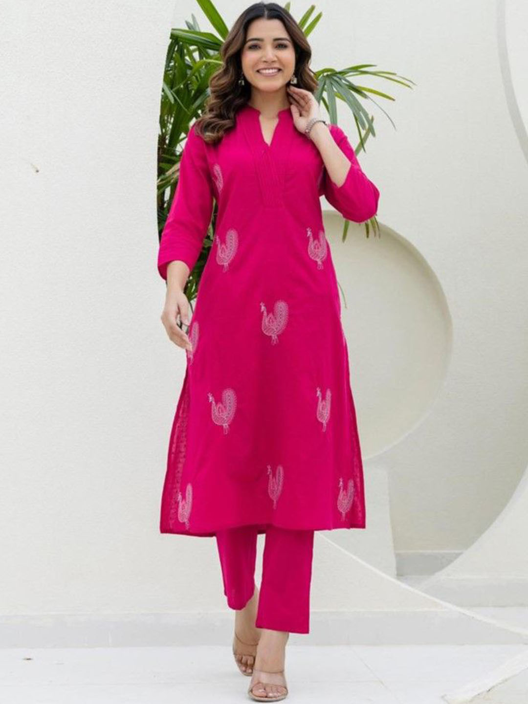 AUTUMN LANE Women Mokabara Flamingo Embroidery Cotton Kurta Pant Set