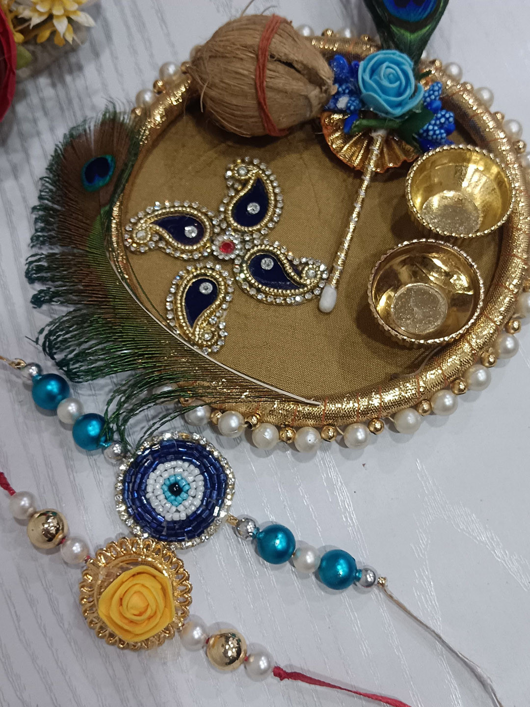 Nutts Set Of 2 Stone Studded Rakhi With Pooja Plate Roli Chawal & Rakhi Gifts Set