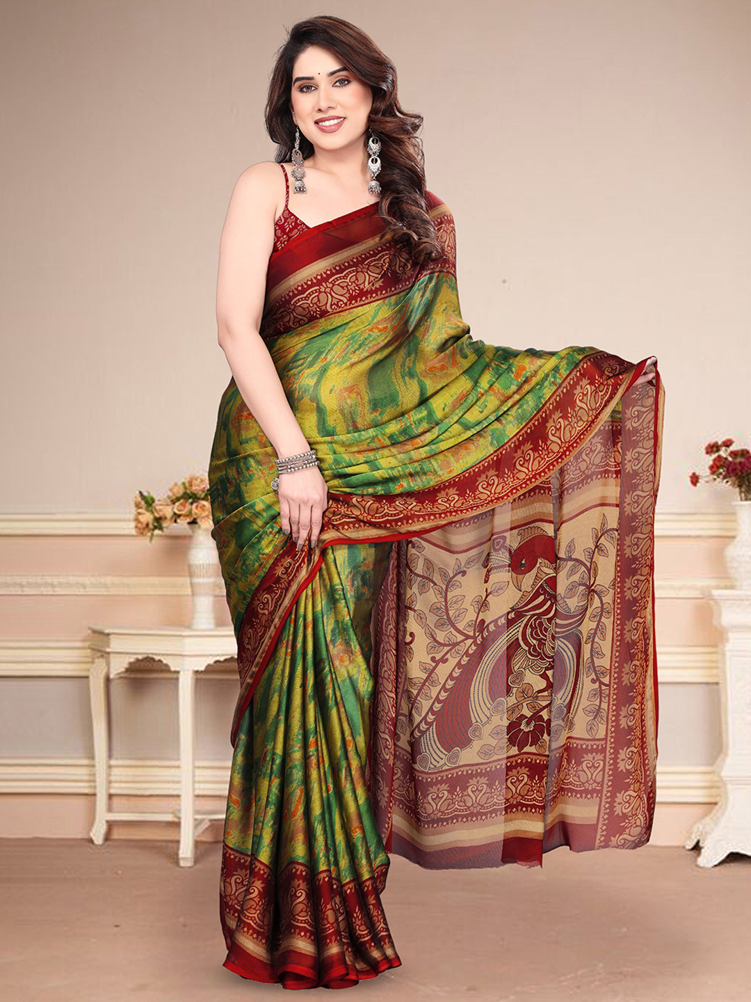 MAGNEITTA Tie and Dye Printed Pure Chiffon Saree with Blouse Piece