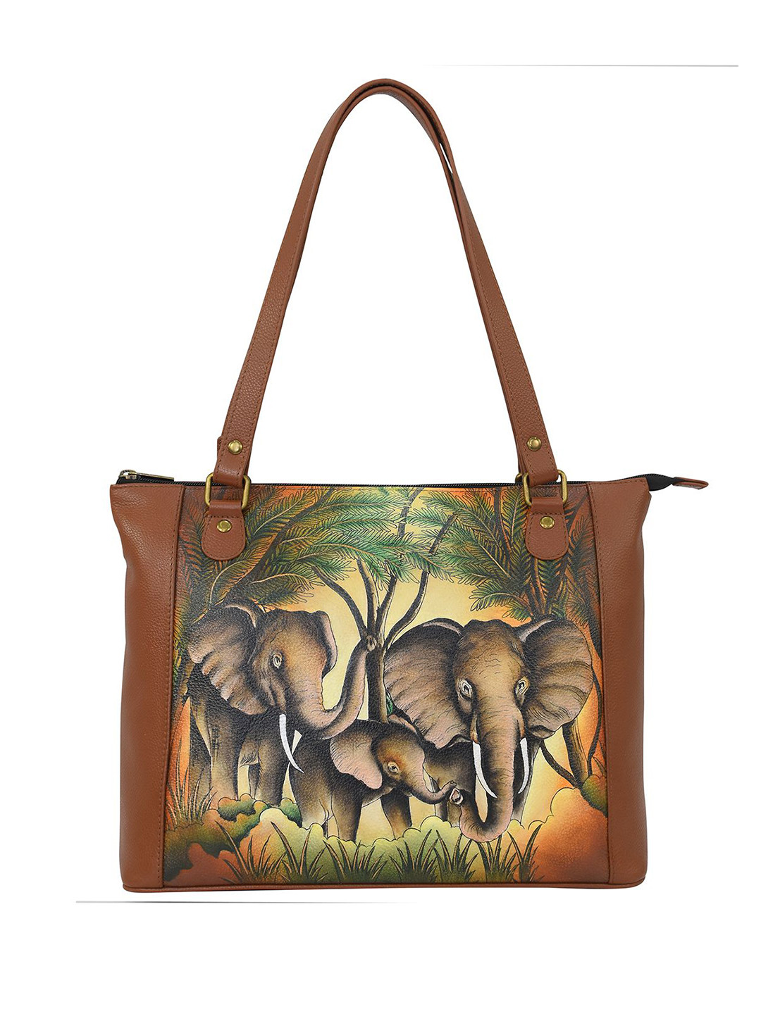 Anuschka Women's Elephant Family Hand Painted Leather Tote