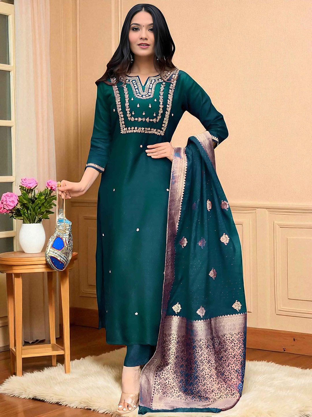 SHADOW & SAINING Yoke Design Sequinned Pure Cotton Straight Kurta With Trousers & Dupatta