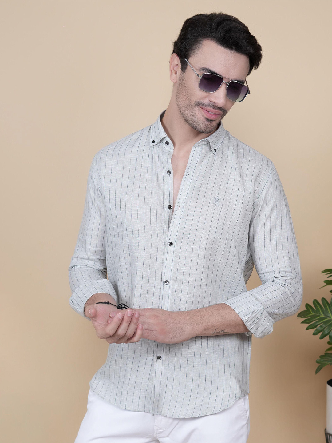 ALMATY Fabian Comfort Vertical Striped Button-Down Collar Slim Fit Linen Shirt