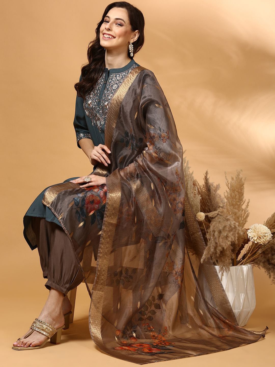 Anouk Yoke Design Embroidered Straight Thread Work Kurta With Dhoti Pants & Dupatta