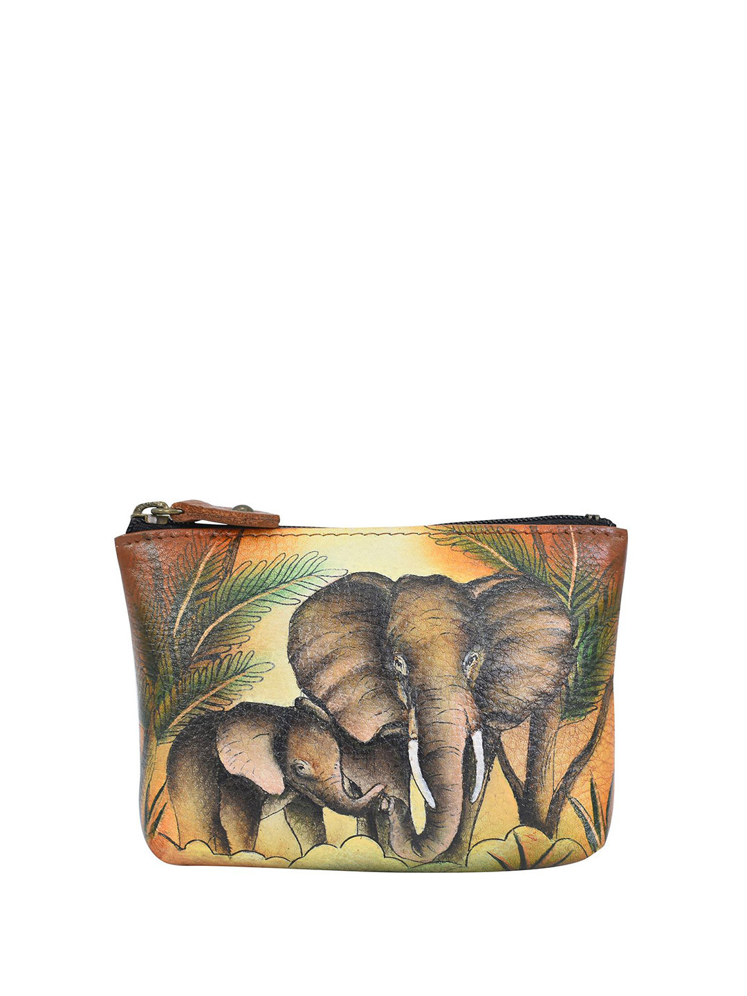 Anuschka Women Elephant Family Tan Hand Painted Leather Small Coin Wallet