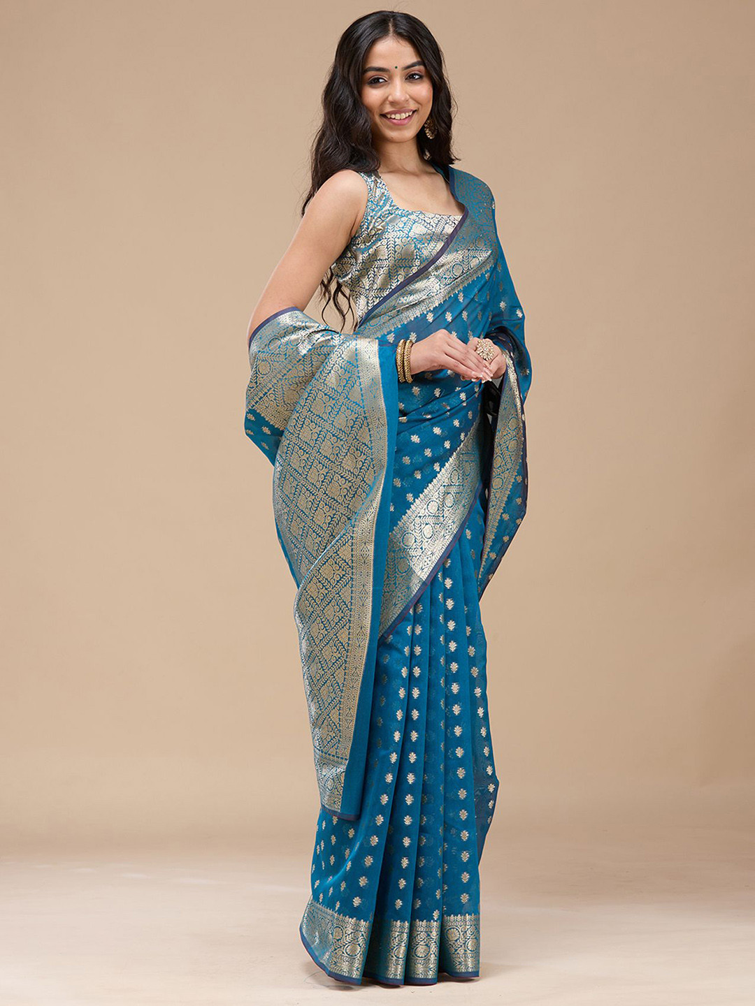 Koskii Navy Blue Zari work Gold Banarasi Silk Saree