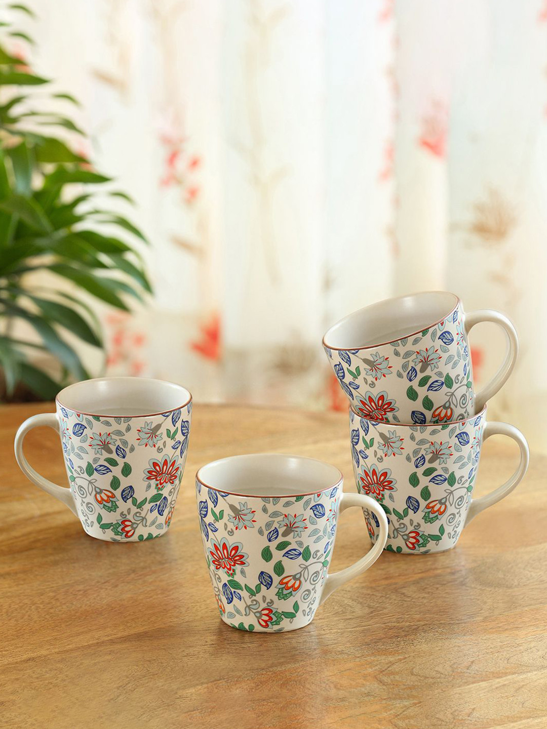 ExclusiveLane Set Of 4 Spring Garden Ceramic Tea & Coffee Mugs- 330 ml