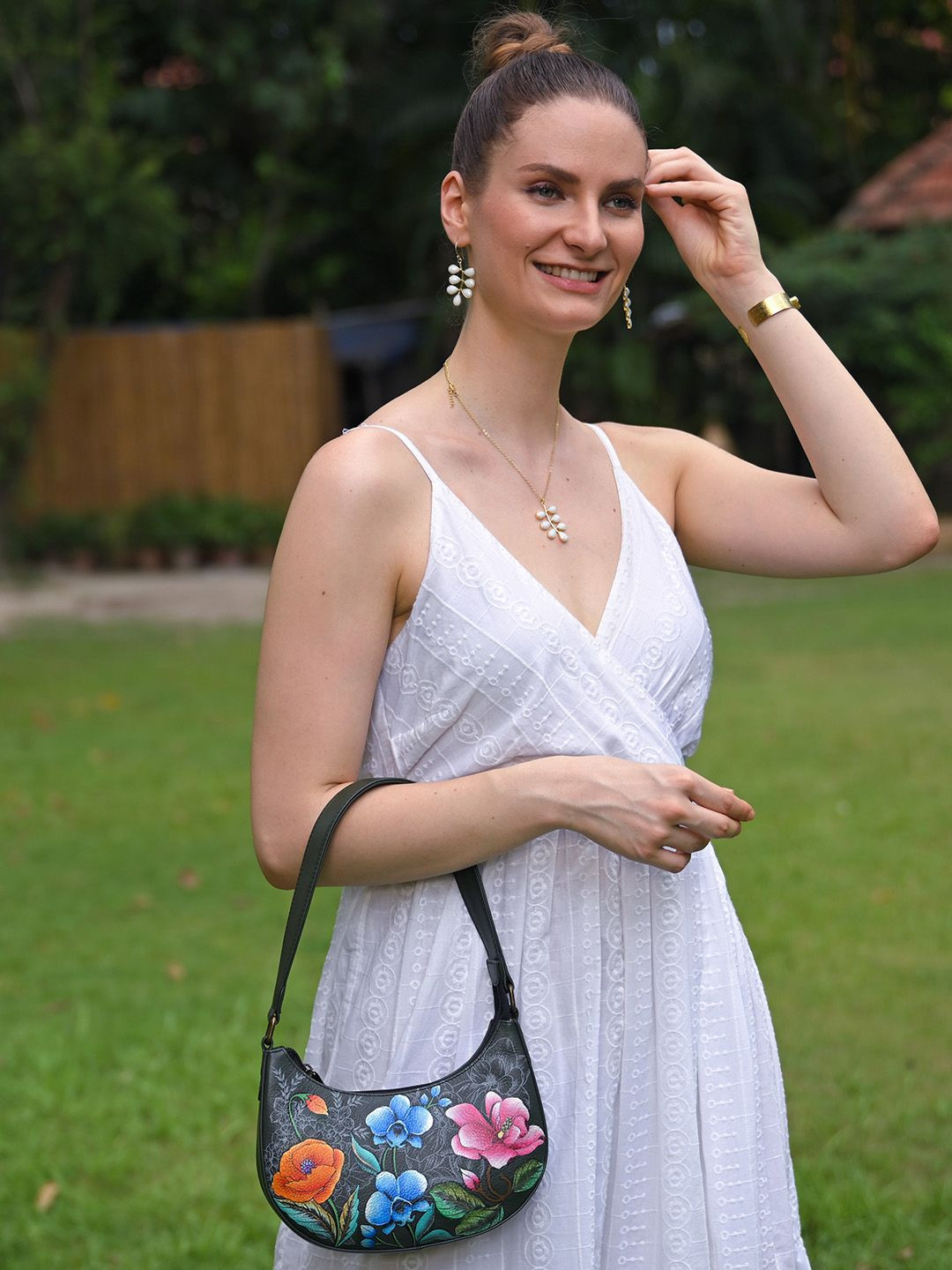 Anuschka Women Floral Fantasy Hand Painted Leather Shoulder Bag