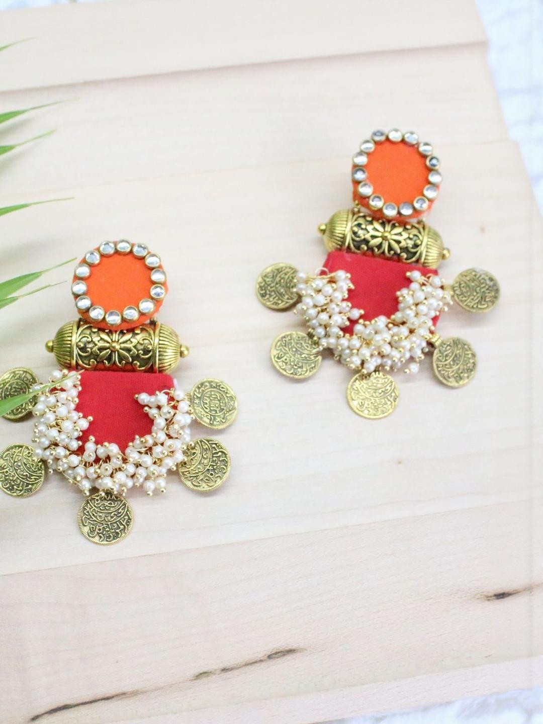 Rang De Taan  Orange & Red Coin Dangler Earrings