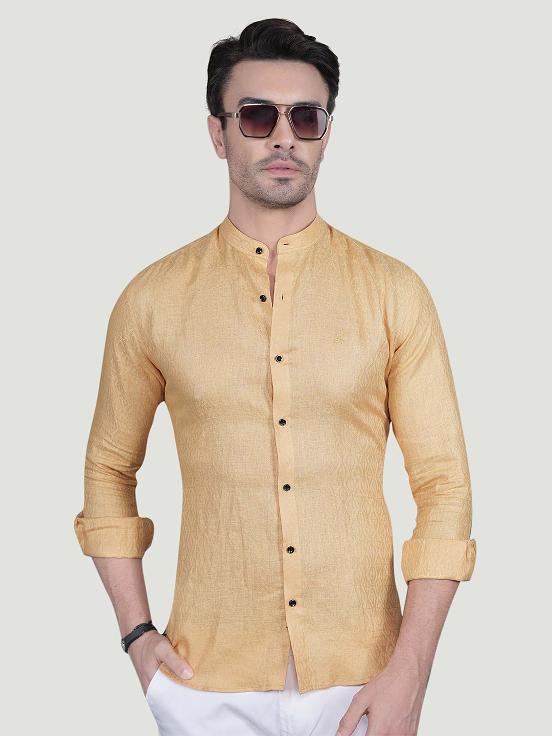 ALMATY Sandor Comfort Textured Band Collar Slim Fit Linen Shirt