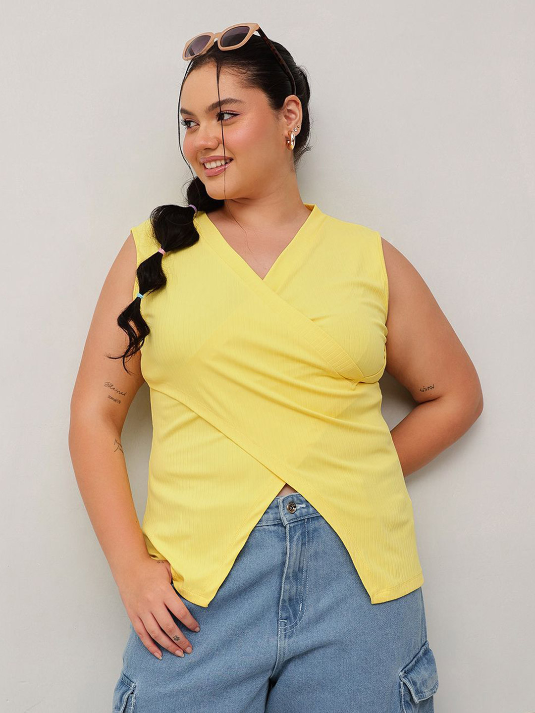 CURVY STREET Women Plus Size Self Design V-Neck Sleeveless Wrap Longline Top