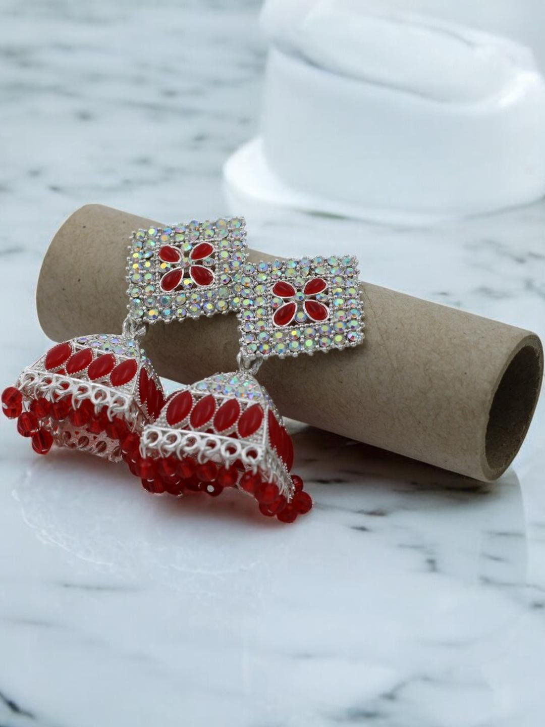 Red Color Jhumka Earrings Set