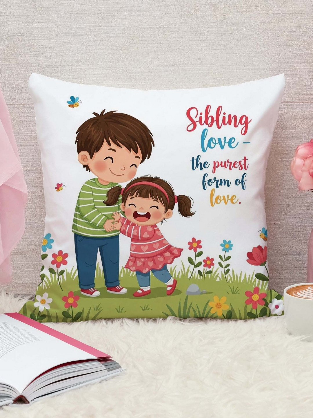 THE QUIRKY HOME White & Green Printed Square-Shaped Rakshabandhan Gift Pre-Filled Cushion