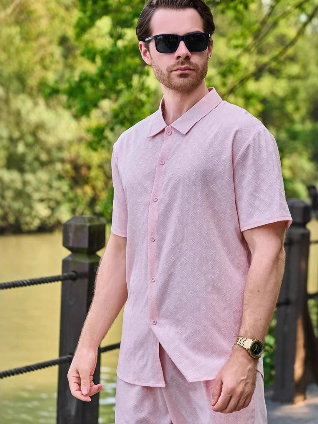 StyleCast x Revolte Geometric Textured Cutaway Collar Regular Fit Shirt