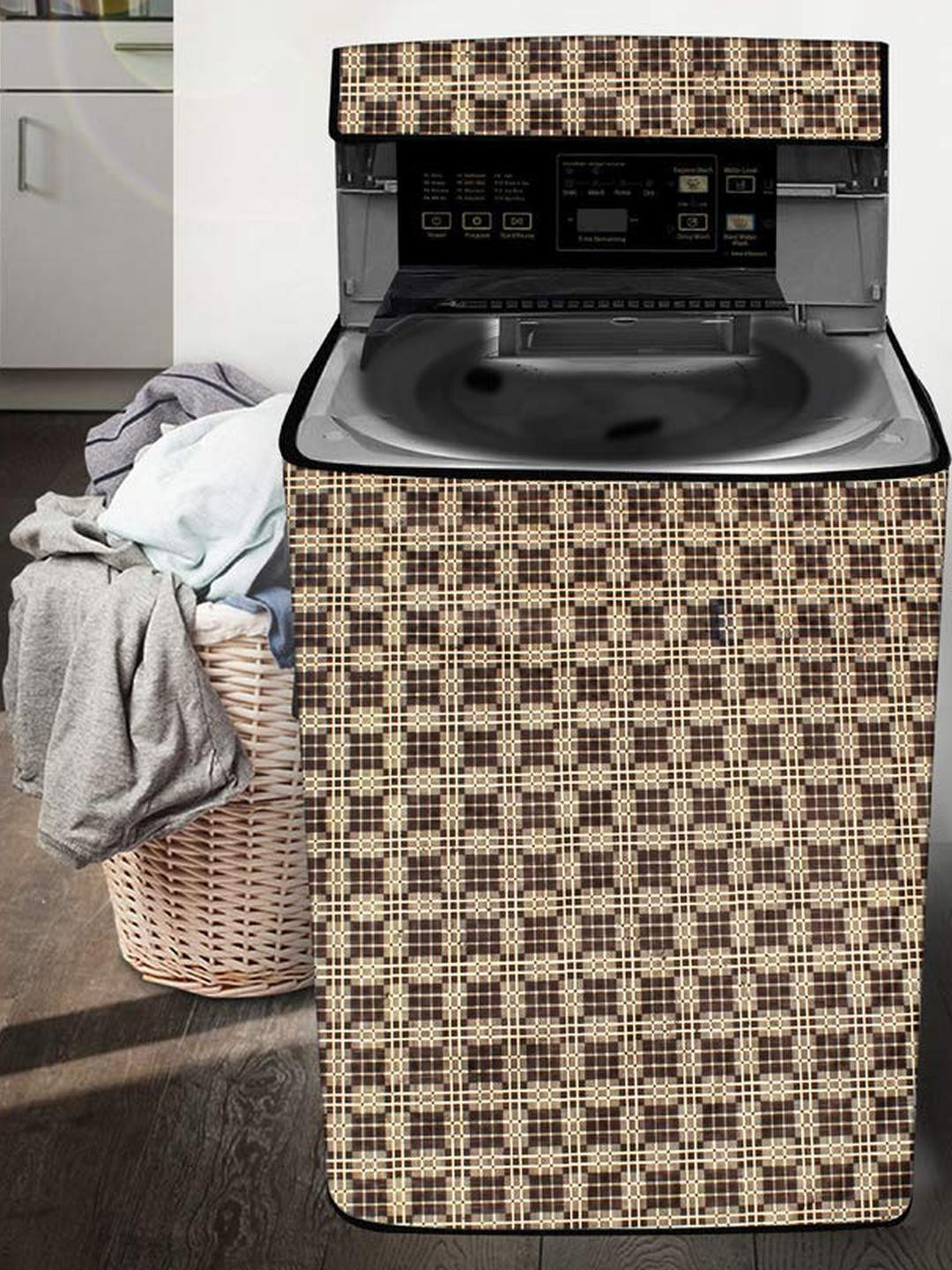The Furnishing Tree Washing Machine Cover Checkered Pattern Brown Compatible for Whirlpool 6.5 Kg F
