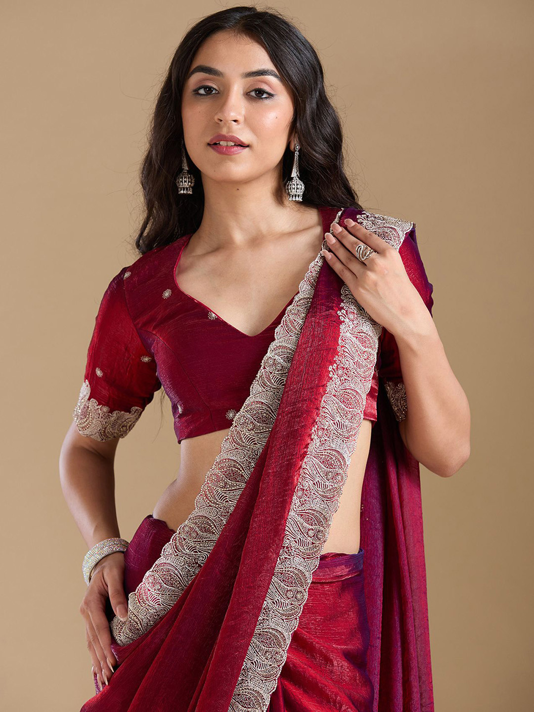 Koskii Women Zariwork Wine Chiffon Saree With Unstitched Blouse