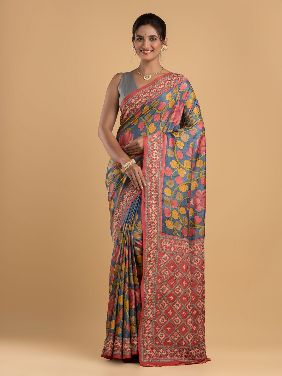 Silk Petalss Floral Printed Kantha Work Tussar Saree