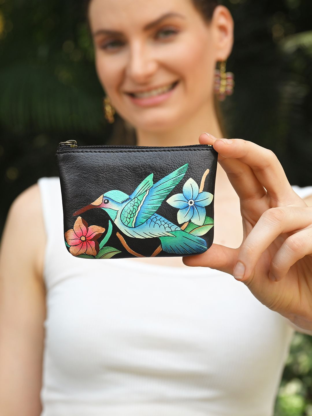 Anuschka Women Bird in Paradise Black Hand Painted Leather Small Coin Wallet