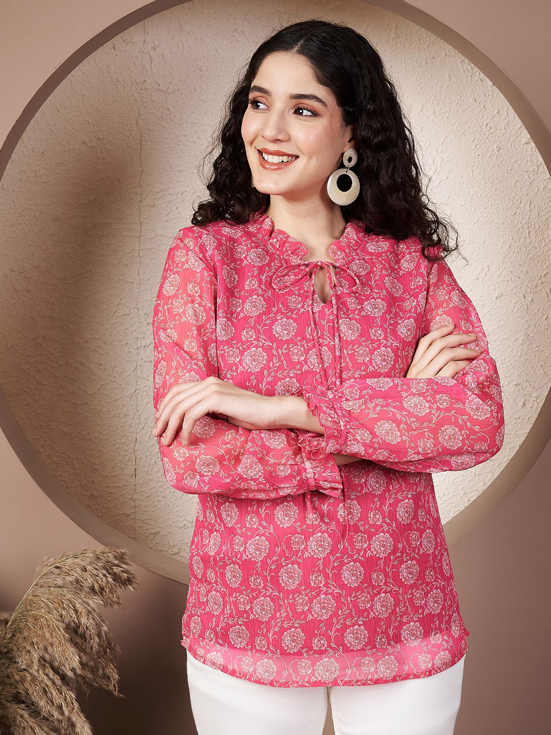 CORSICA Women Floral Printed Tie-Up Neck Top