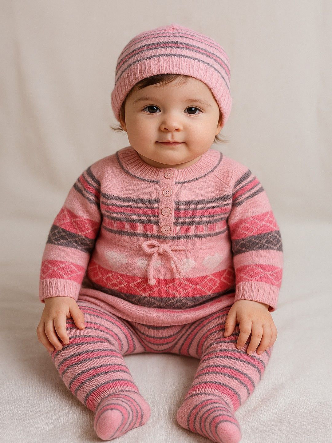 LeafBird Infants 4Pc Printed Sweater With Trousers & Booties & Caps Gift Set