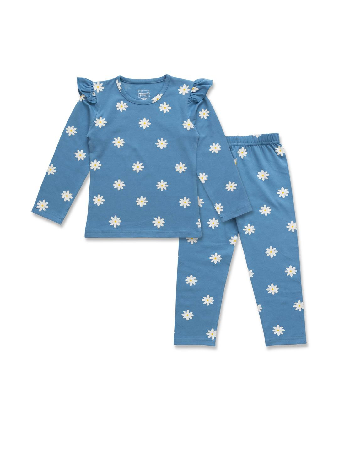 Girls Blue Daisy Print Cotton Nightsuit Set