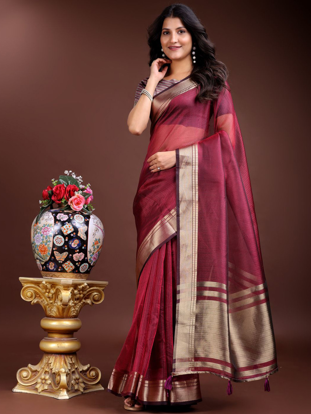 Astita Women Organza Saree with Golden Zari Border