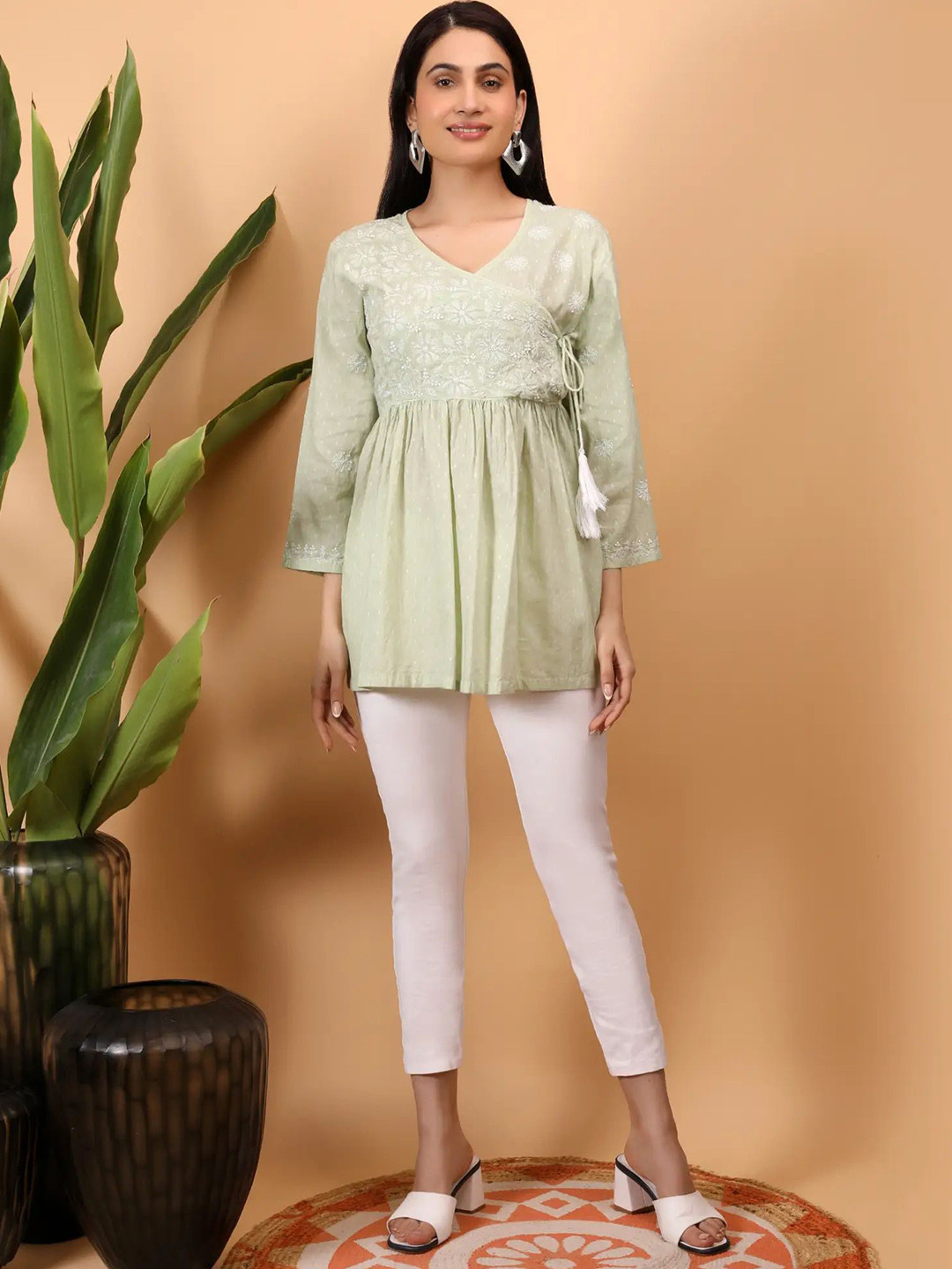 SHWET Embroidered chikankari Cotton Angarkha top