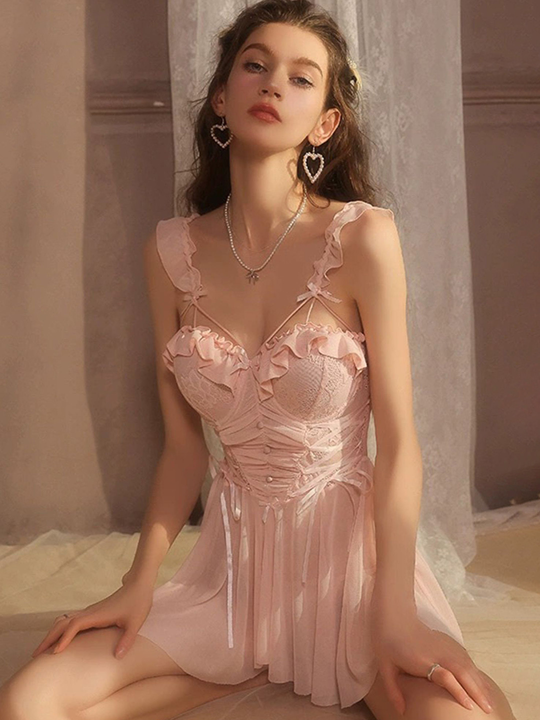 LULU & SKY Women Self-Design Hollow-Back Baby Doll Nightdress With Thong Briefs