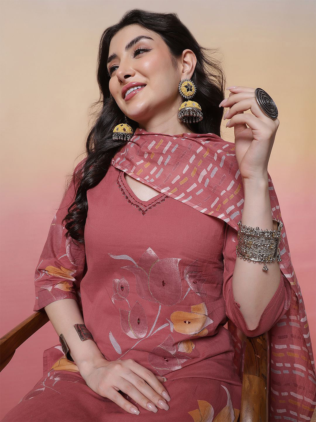 Sangria Placement Floral Printed Pure Cotton Straight Kurta With Trouser & Dupatta