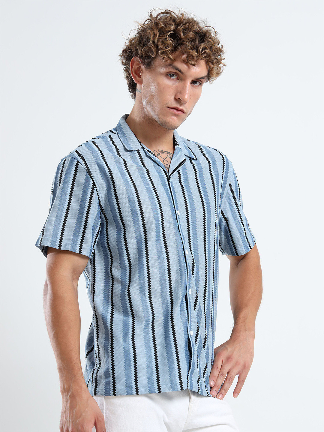 MOHICANS Men Vertical Striped Cuban Collar Boxy Fit Shirt