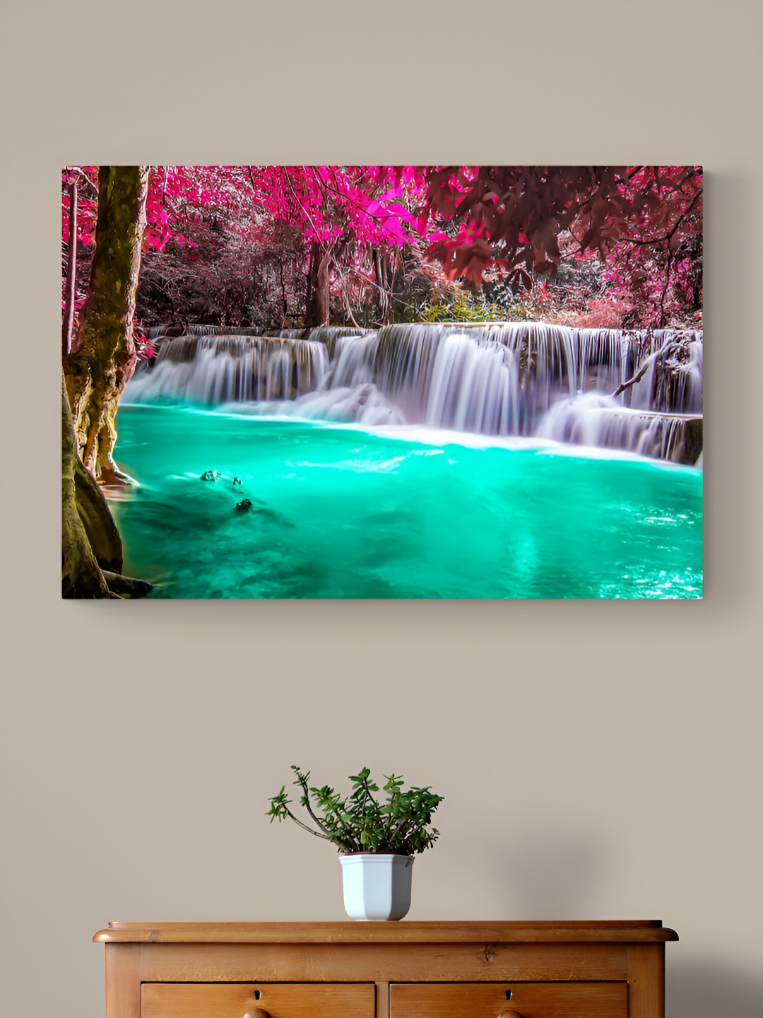 Tushaco Handicrafts Green & Pink Waterfall Canvas Wall Art