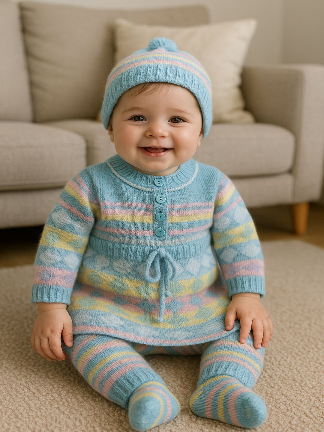 LeafBird Infants 4Pc Printed Sweater With Trousers & Booties & Caps Gift Set