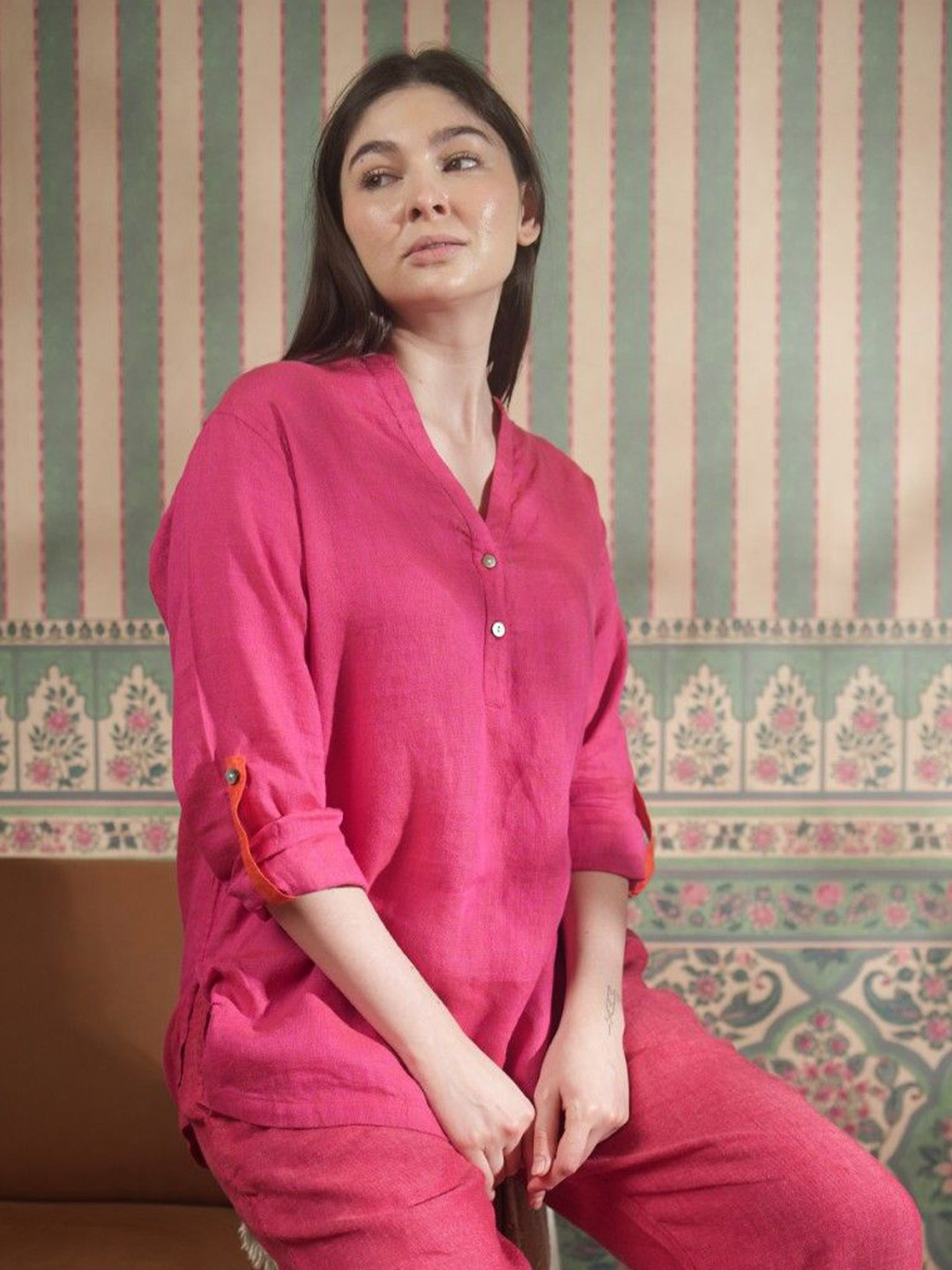 Fabulous Women Premium Relaxed Fit Solid Collarless Linen Casual Shirt